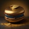 Perfect golden macaroon with glaze and sprinkles on gold background. AI