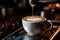 Perfect Latte Creation. Professional machine brewing a creamy masterpiece into white cup