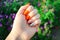 Perfect manicure and natural nails. Attractive modern nail art design. orange autumn design. long well-groomed nails