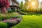 Perfect manicured lawn and flowerbed with shrubs in sunshine, on a backdrop of residential house backyard