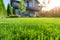 Perfect manicured lawn and flowerbed with shrubs in sunshine, on a backdrop of residential house backyard