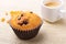 Perfect morning breakfast with Delicious homemade cupcakes with raisins, chocolate chips and espresso coffee in white