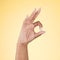 Perfect, ok and hand sign in studio with decision, agreement and success of good news. Yellow background, yes vote and