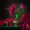 Perfect painterly still life of a vase of flowers and red silk, generative Ai