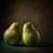 Perfect painterly still life of a vase of two green pears, generative Ai