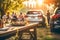 Perfect Picnic Table Gathering as Friends Blur into Laughter, Savoring a Delightful Road Trip Picnic by Their Parked