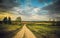 Perfect rural landscape view with an unpaved road disappearing into the horizon