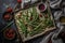 Perfect sheet pan oven-roasted Crack Green Beans, green beans on crumpled parchment with dark background, generation ai