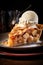 Perfect slice of apple pie with caramel topped with a scoop of vanilla ice cream, generative AI