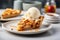 Perfect slice of apple pie with caramel topped with a scoop of vanilla ice cream, generative AI