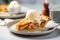 Perfect slice of apple pie with caramel topped with a scoop of vanilla ice cream, generative AI