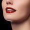 Perfect smile with white healthy teeth and red lips, dental care concept. Beautiful young woman\'s face fragment with natural smile