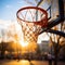 Perfect Swish: Basketball Mid-Air, Vibrant Court, Golden Sunlight