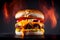 Perfect tasty delicious cheese burger with fillings on a fiery background fast food