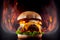 Perfect tasty delicious cheese burger with fillings on a fiery background fast food