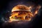 Perfect tasty delicious cheese burger with fillings on a space background fast food