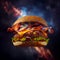 Perfect tasty delicious cheese burger with fillings on a space background fast food