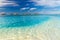 Perfect view of luxury water villas in Maldives island. Blue sea and blue sky, idyllic sea view from a wooden pier pathway