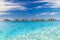 Perfect view of luxury water villas in Maldives island. Blue sea and blue sky, idyllic sea view from a wooden pier pathway