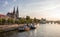 Perfect view of Regensburg sunset Danube church St. Peter dome river rays