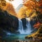 perfect waterfall view in the depths of the forest. waterfall landscape in autumn. Autumn colors at the