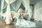 Perfect woman in tulle dress relaxing in romantic retro interior