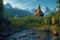 perfectly composed scene of a forest, a river, and mountains with a wooden tower