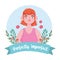 Perfectly imperfect woman with freckles cartoon portrait, flower decoration