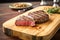 a perfectly seared ribeye steak on a wooden board