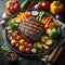 A perfectly seared steak takes center stage on a plate decorated with a variety of bright vegetables.