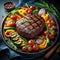 A perfectly seared steak takes center stage on a plate decorated with a variety of bright vegetables.