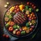 A perfectly seared steak takes center stage on a plate decorated with a variety of bright vegetables.