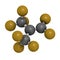 Perfluoroisobutene fluorocarbon molecule.  3D rendering. Atoms are represented as spheres with conventional color coding: carbon