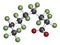 Perfluorooctanoic acid PFOA, perfluorooctanoate carcinogenic pollutant molecule. 3D rendering. Atoms are represented as spheres.