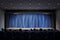 Performance concept with empty platform with blank blue backstage and spectators on seats in the hall. 3D rendering, mockup