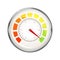 Performance measurement indicator, glossy metal speedometer icon on white