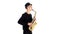 Performs solo on saxophone talented saxophonist. White background in studio