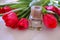 Perfume bottle close-up on white background across red tulips. Beauty, cosmetics, fashion, style flat lay. Copy space