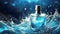 Perfume bottle surrounded by splashing waves on blue sea water bokeh background.Elite perfumery concept.
