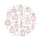 Perfume bottles circle poster with line icons. Vector illustration included icon as glass sprayer, luxury parfum sampler