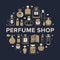 Perfume bottles frame poster with silhouette icons. Vector illustration - glass sprayer, luxury parfum sampler