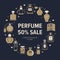 Perfume bottles frame poster with silhouette icons. Vector illustration - glass sprayer, luxury parfum sampler