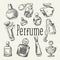 Perfume Bottles Hand Drawn Doodle. French Aroma. Woman Beauty Shop Sketch