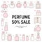 Perfume bottles poster frame with line icons. Vector illustration included icon glass sprayer, luxury parfum sampler