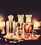 Perfume bottles and vintage fragrance at night, aroma scent, fragrant cosmetics and eau de toilette as luxury beauty brand,