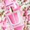 Perfume or fragrance glass bottle with floral scent on blooming flowers flatlay background, generative AI