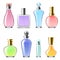 Perfume glass bottles. Realistic 3d cologne transparent packaging, colored fragrances, cosmetic mockup, gold and silver