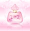 Perfume pink advertising bottle with a heart and floral ornament on a vintage patterned background