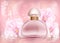 Perfume pink advertising bottle with orchids and pearls with a floral ornament on a vintage patterned