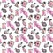 Perfume seamless pattern. Doodle sketch of perfume bottles in pink colors on white background. Vector